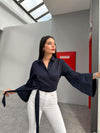 قميص مع ربطة جانبية كحلي - Sateen style