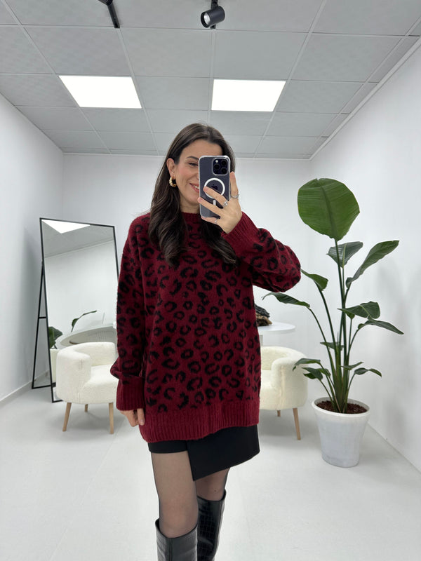 بلوزة ليوباردو بورجندي طويلة