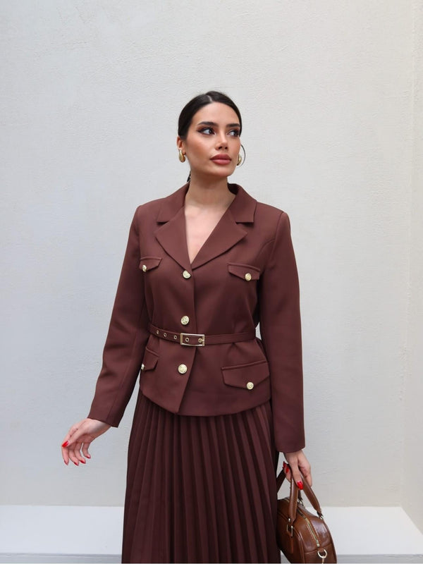طقم بليزر مع تنورة بني Gabriela Set - Sateen style