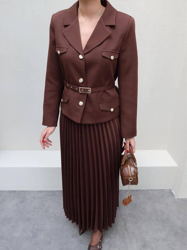 طقم بليزر مع تنورة بني Gabriela Set - Sateen style