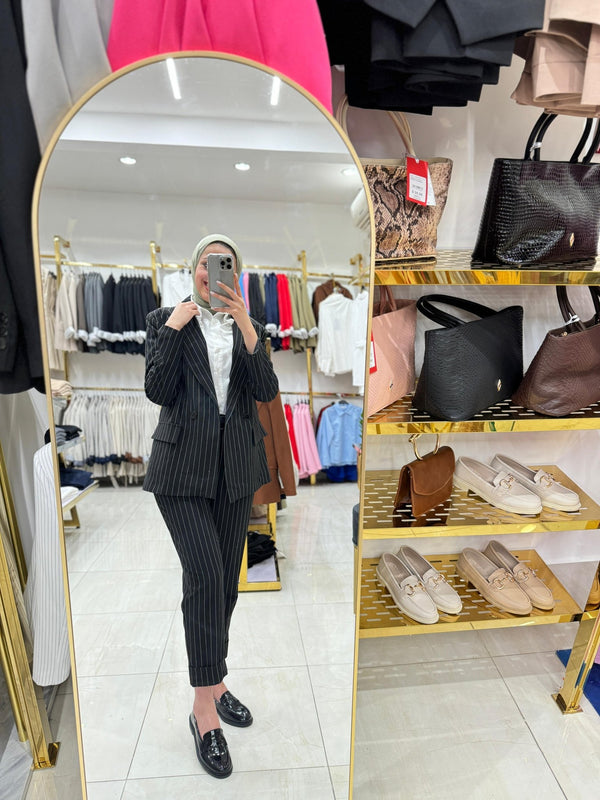 طقم رسمي مقلم مع كمر اسود - Sateen style