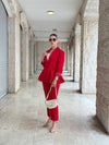 طقم Volanlı جكيت وبنطلون - أحمر - Sateen style