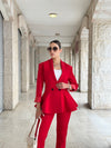 طقم Volanlı جكيت وبنطلون - أحمر - Sateen style