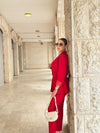 طقم Volanlı جكيت وبنطلون - أحمر - Sateen style
