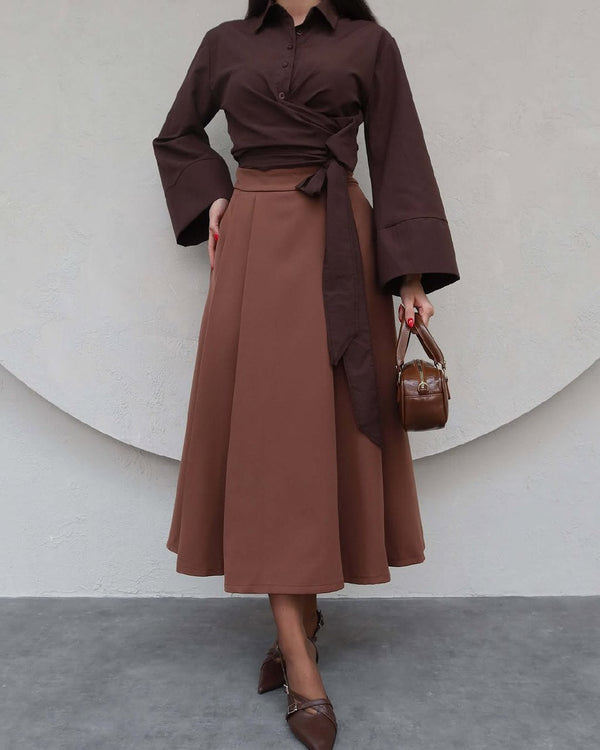 تنورة كلوش لون قهوة - Sateen style