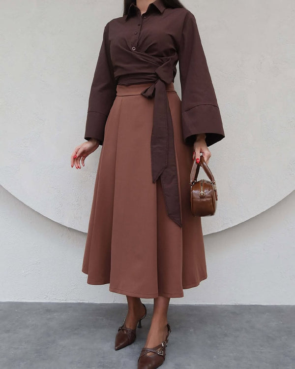 تنورة كلوش لون قهوة - Sateen style