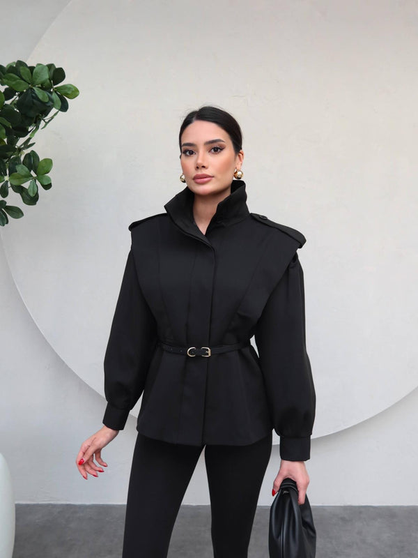 ترانشكوت صيفي مع كمر - اسود - Sateen style