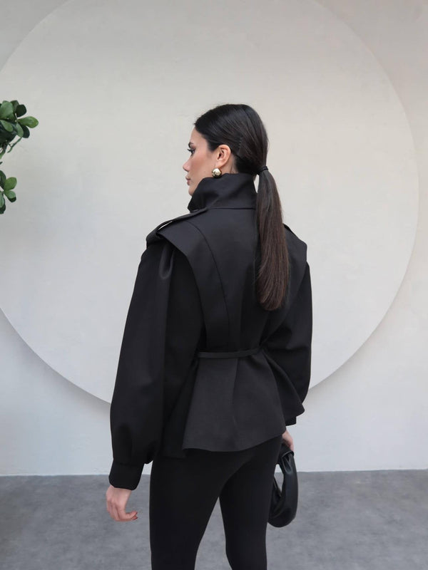 ترانشكوت صيفي مع كمر - اسود - Sateen style