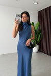 High-Neck Satin Maxi Dress