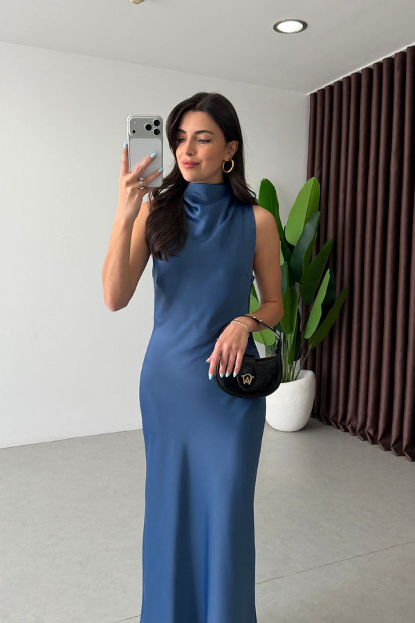High-Neck Satin Maxi Dress