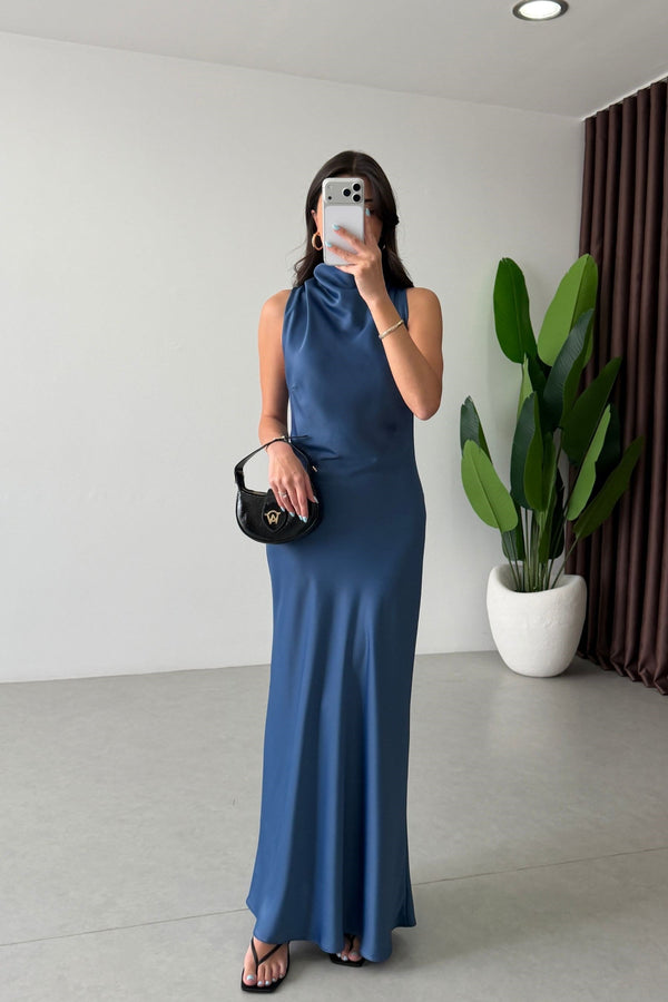 High-Neck Satin Maxi Dress