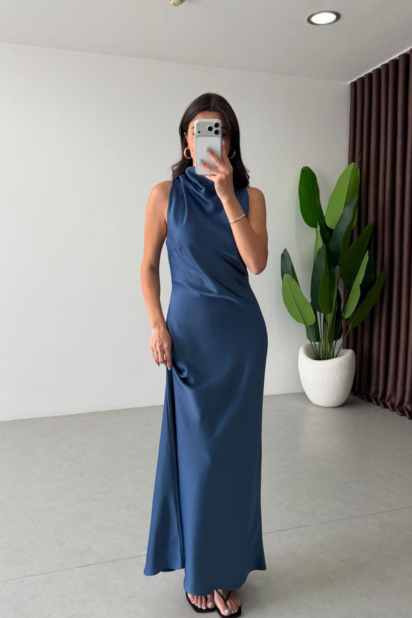 High-Neck Satin Maxi Dress