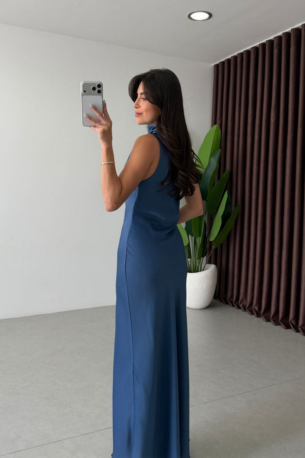 High-Neck Satin Maxi Dress