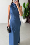 High-Neck Satin Maxi Dress