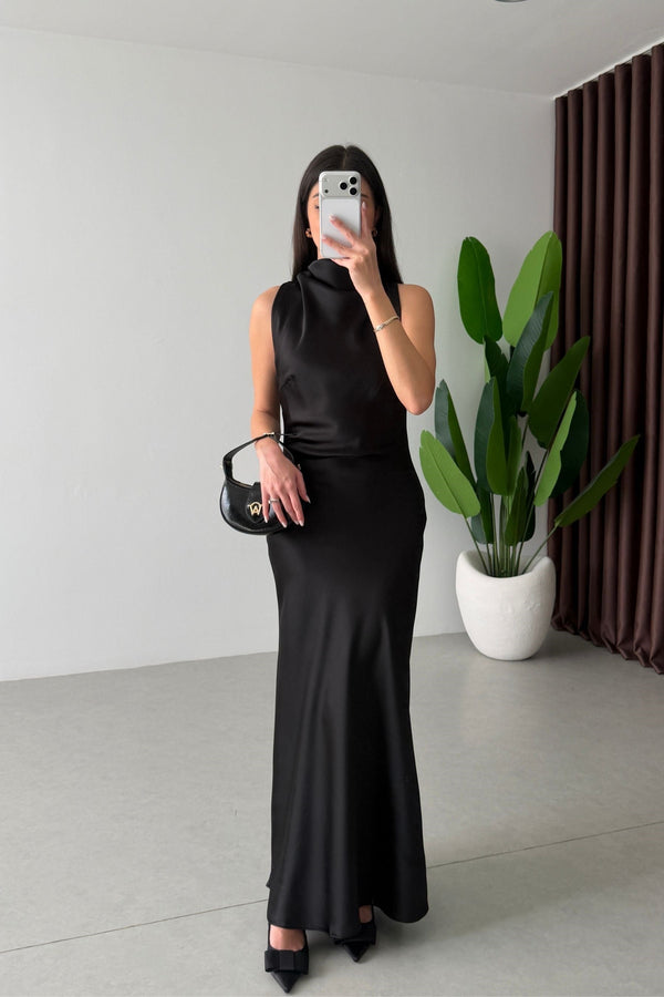 High-Neck Satin Maxi Dress