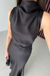 High-Neck Satin Maxi Dress