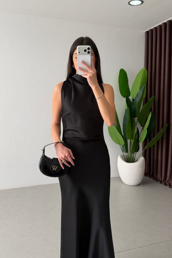 High-Neck Satin Maxi Dress