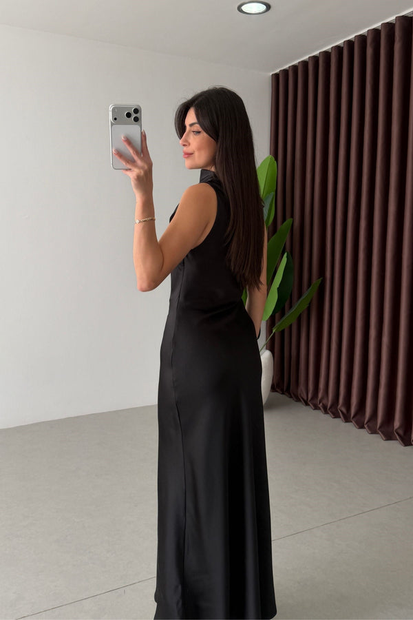 High-Neck Satin Maxi Dress