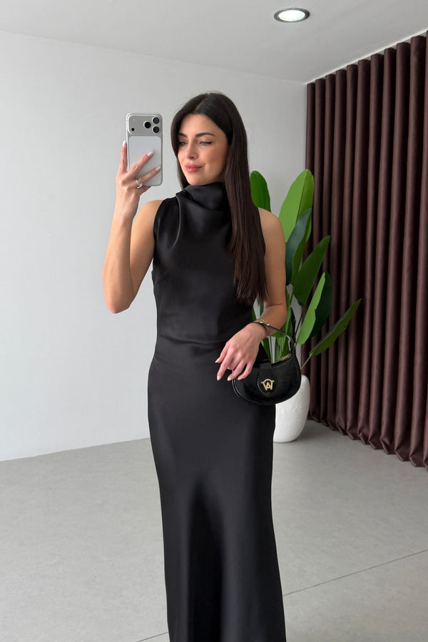 High-Neck Satin Maxi Dress