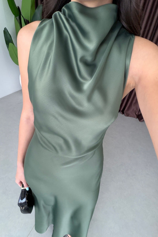 High-Neck Satin Maxi Dress