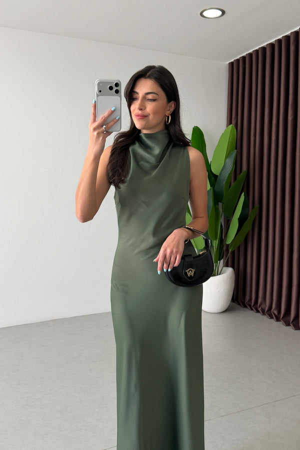 High-Neck Satin Maxi Dress