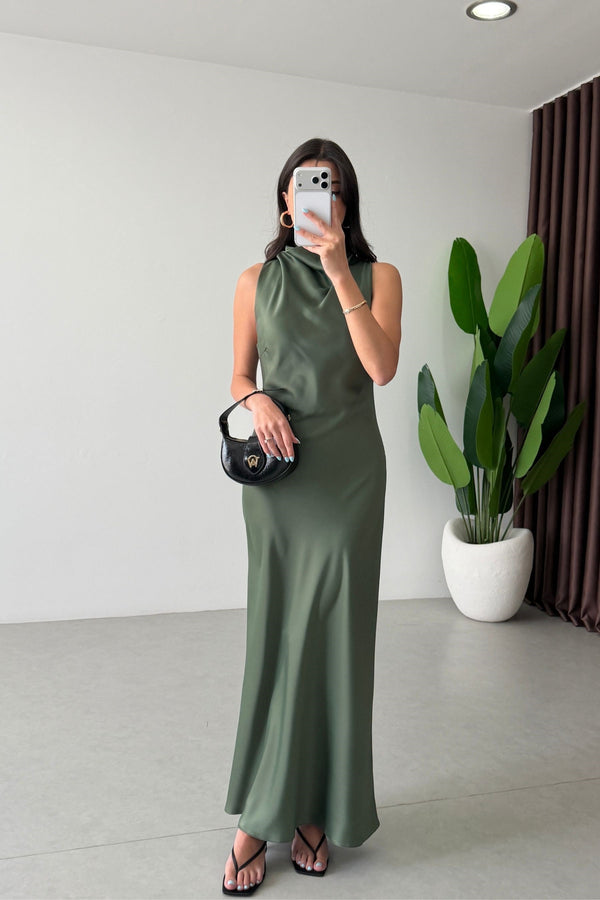 High-Neck Satin Maxi Dress